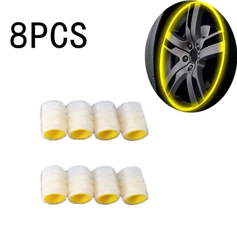 Fluorescent Yellow Glowing Tire Valve Caps | Night Safety Car Accessories close-up view