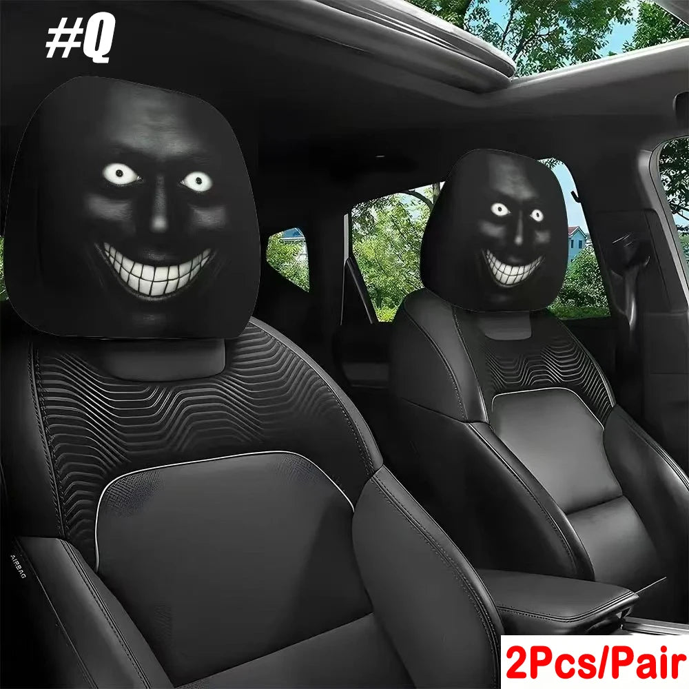 2PCS Generic Car Headrest Covers with Funny Smiley Face Design, Black Elastic Fabric, Un detail view