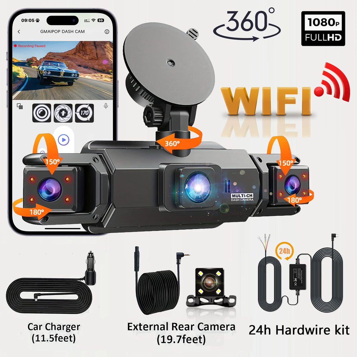 Dashcam for Cars 4 Channel Black Box WiFi Driving Camera FHD 1080P Night Vision Loop Rec detail view