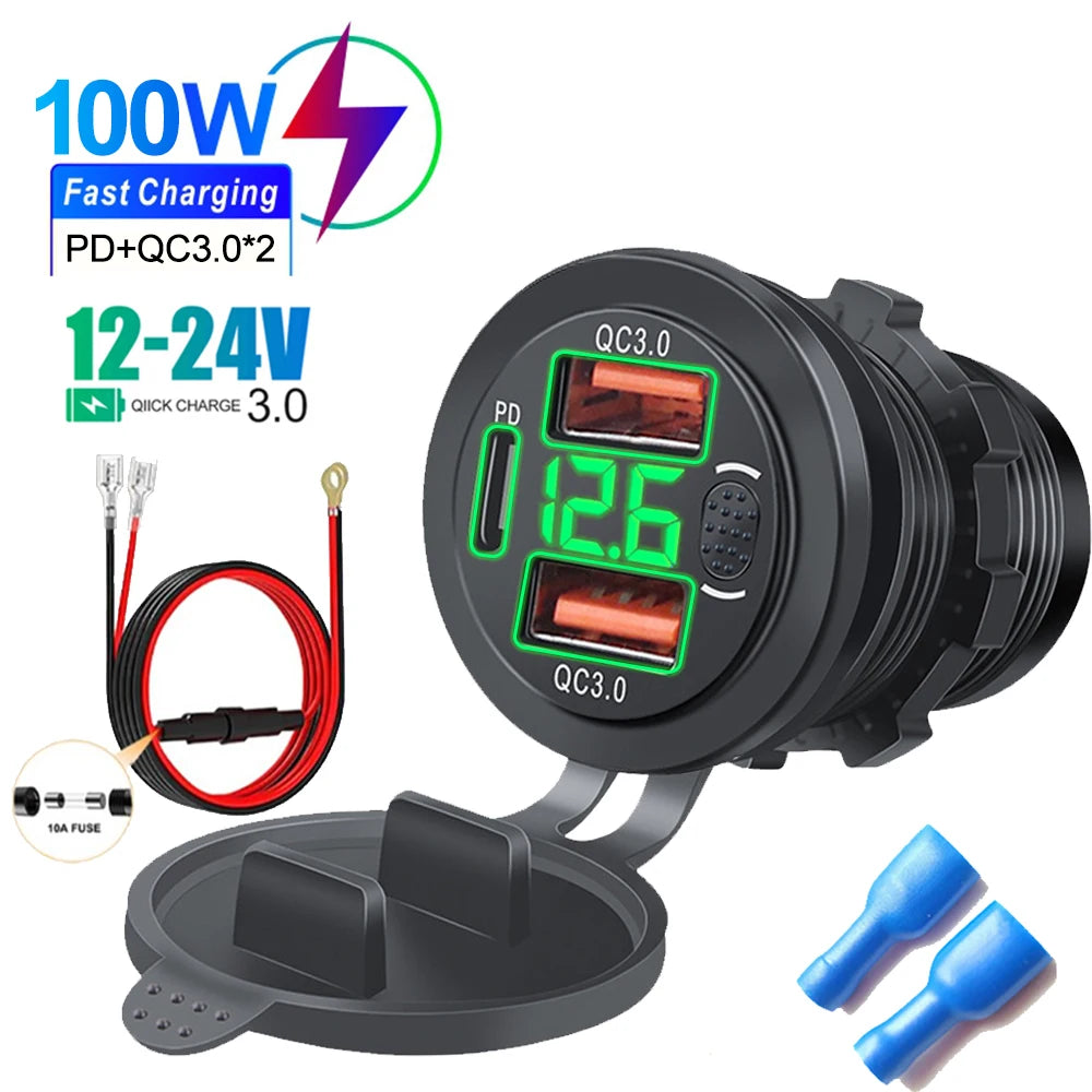 Three Ports Car Charger PD Dual QC3.0 USB Charger Socket with With Digital Voltmeter Button Switch 12V/24V for Motorcycle Car