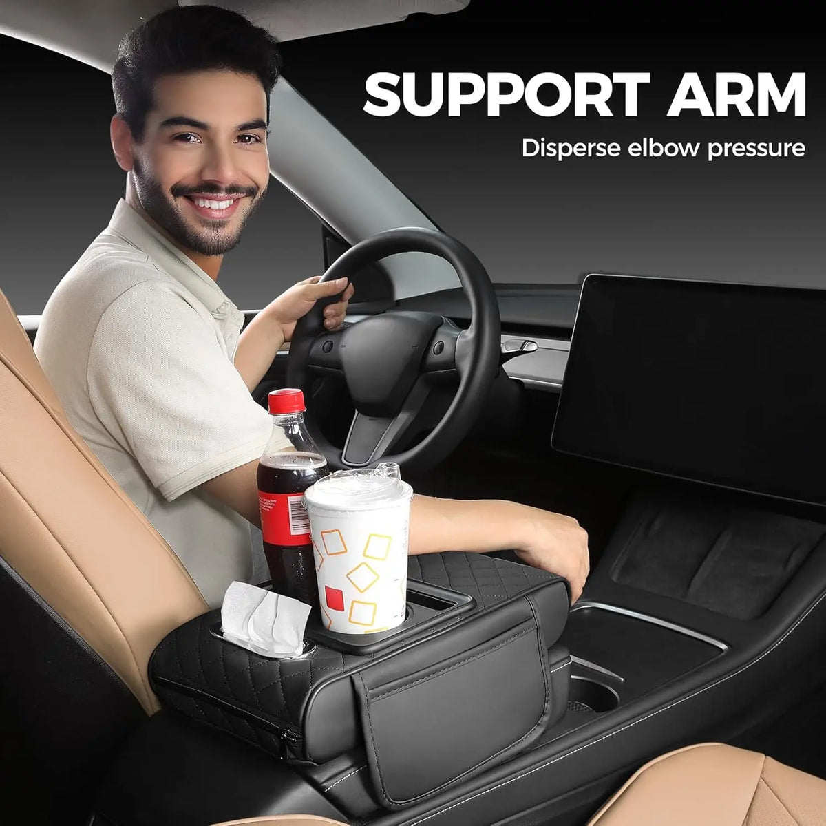 Universal Car Center Console Armrest Cover, Leather Armrest Cushion with Storage Pocket, Auto Interior Organizer Protector Pad