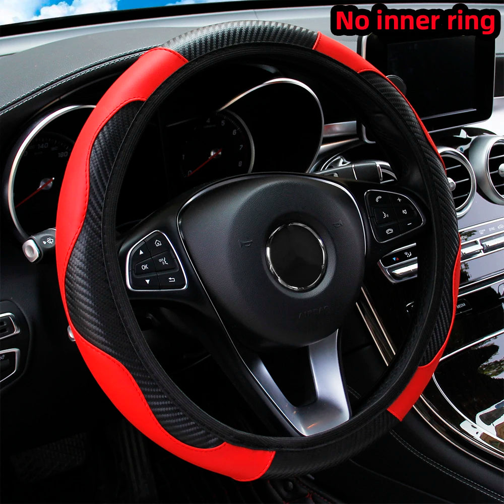PU Carbon Fiber Leather Car Steering Wheel Cover without Inner Ring Suitable for 14.5-15 detail view
