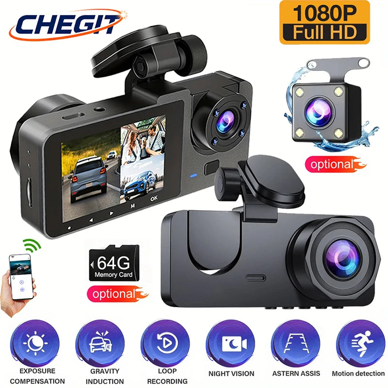 WIFI 3 Lens Dash Cam | 1080P Car DVR Front Rear Interior Recorder with Night Vision