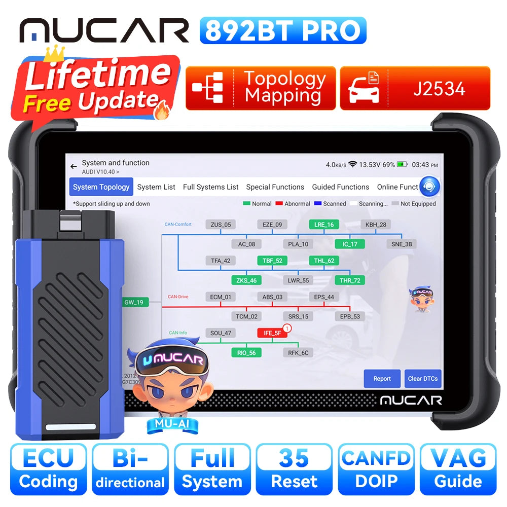 MUCAR 892BT PRO Topology AI Key Programmer Automotive Diagnostic Tool J2534 Bidirectional Car Obd2 Scanner ECU Coding CANFD DOIP