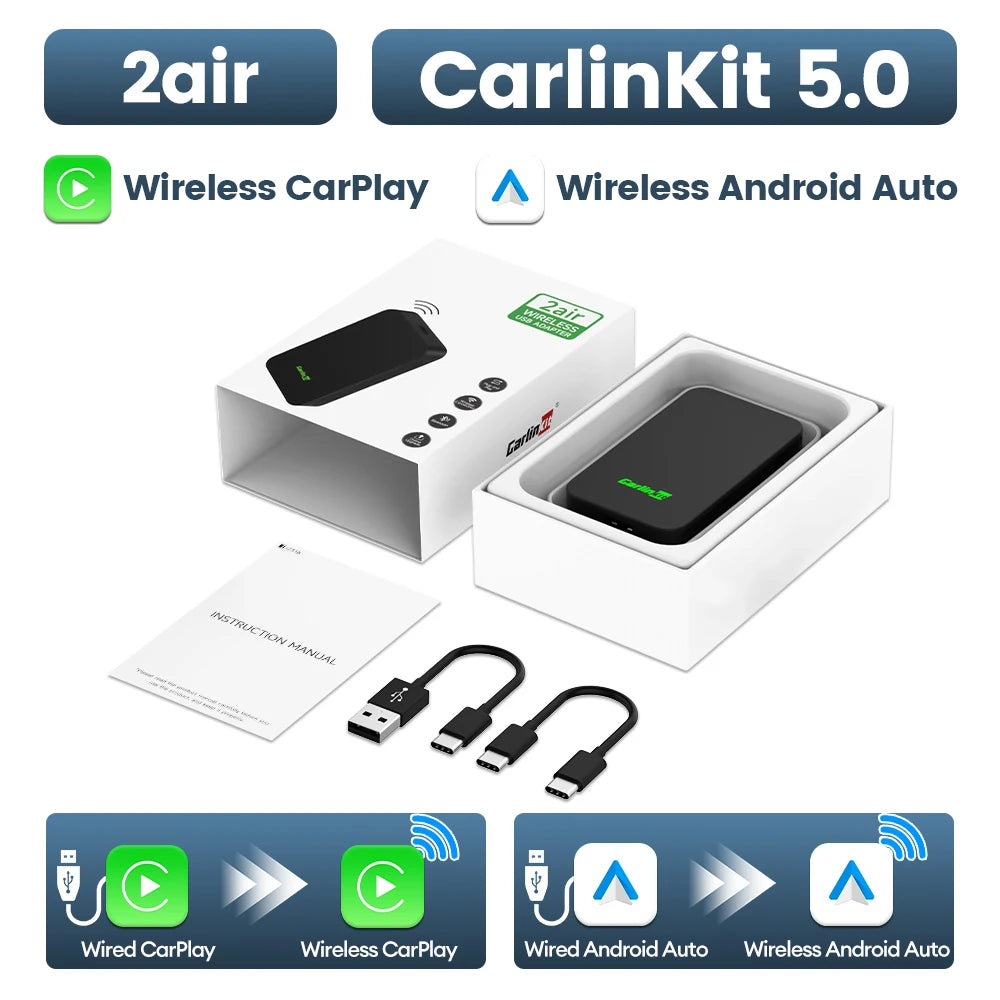 2air Mini 5 Pro CarlinKit 5.0 Wireless CarPlay Wireless Android Auto Box 5Ghz WiFi BT close-up view