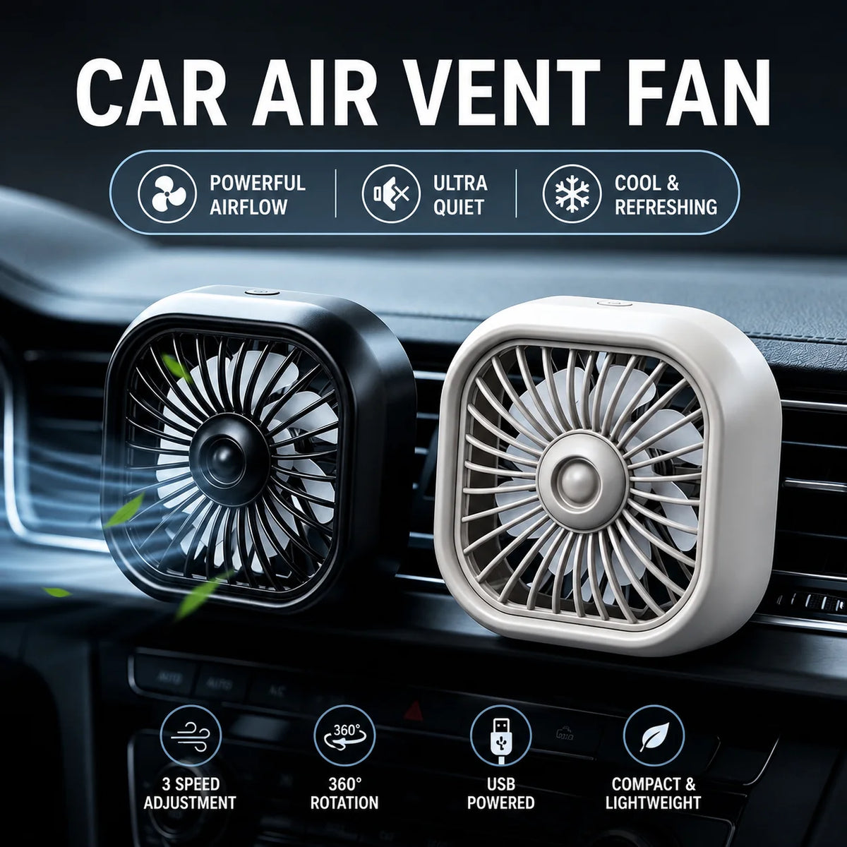 Summer New Mini USB Car Fan, 3 Speed Adjustable, Air Vent Mount with Colorful Light, alternate view