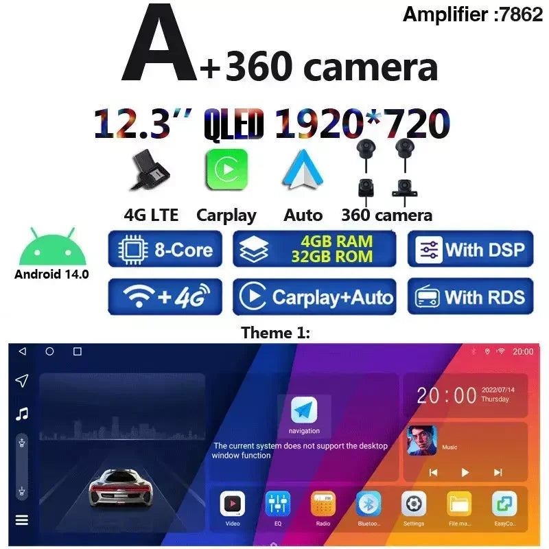 Wireless CarPlay 8G+256G 12.3 Inch Android 14.0 Car DVD Player GPS for Porsche Maca additional angle