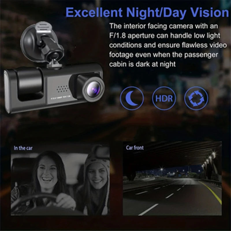 Dash Cam W/ IR Night Vision Loop Recording & 2" IPS Screen 1080P 3 Camera ， DVR recor alternate view