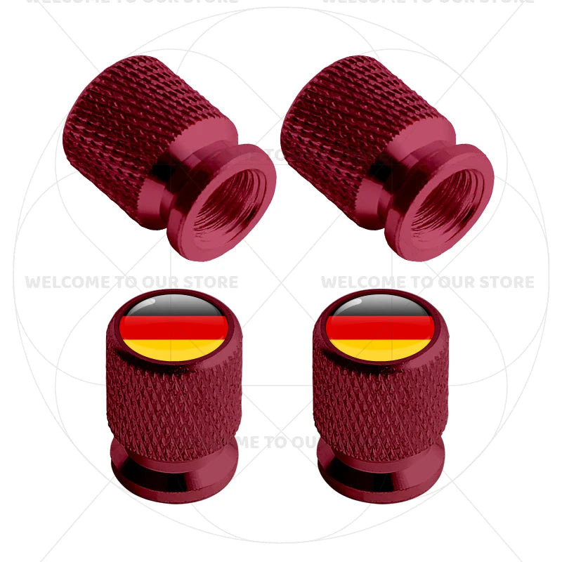 4Pcs Aluminum Motorcycle Car Tire Valve Caps with Germany France Italy Flag Emblems | close-up view