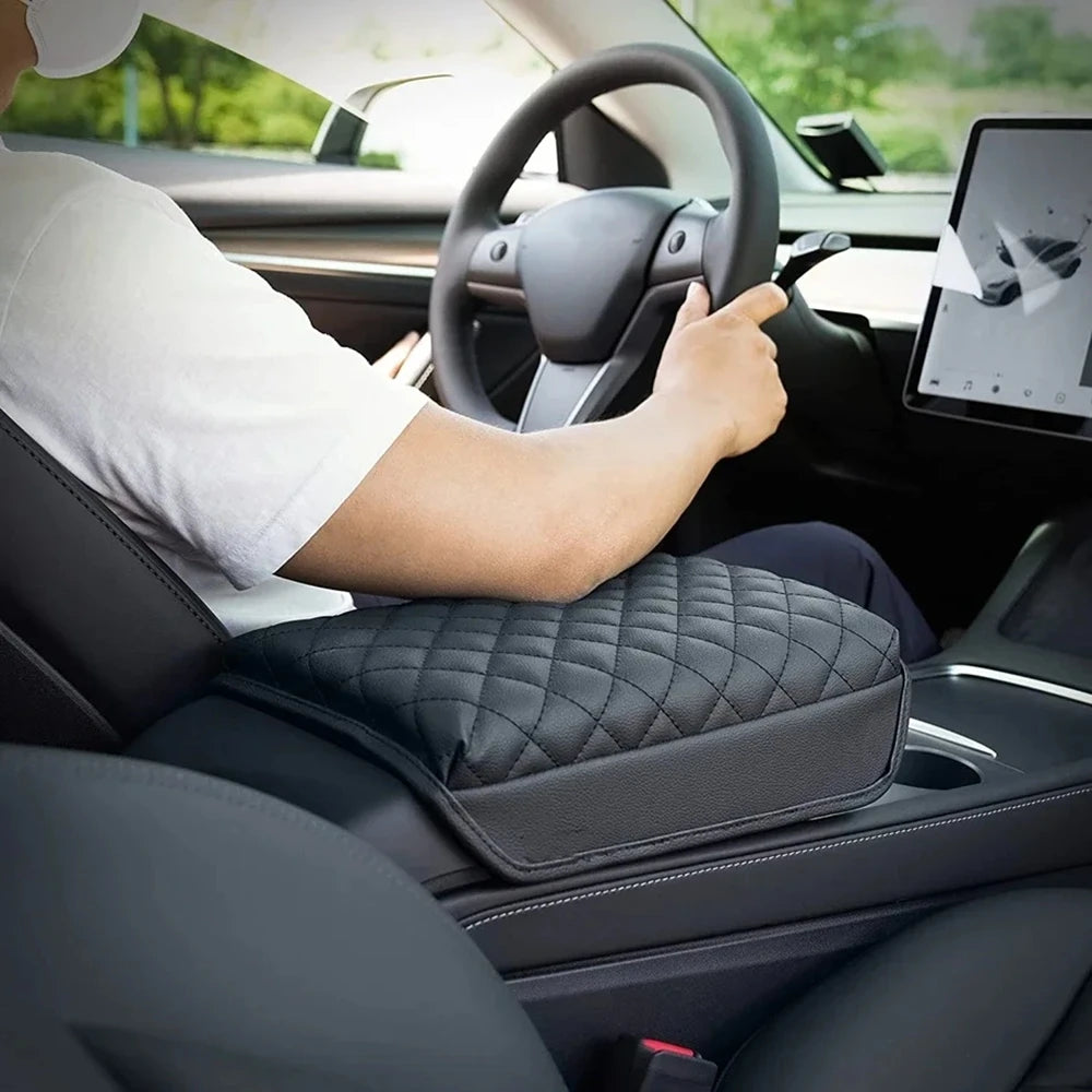 Tesla Model 3 & Model Y Juniper Armrest Cover Cushion | PU Leather Center Console Prot close-up view