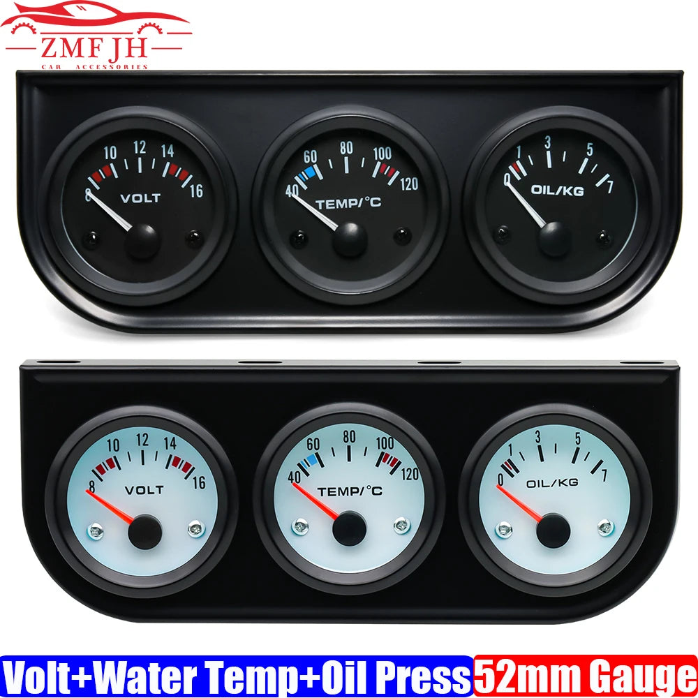 52mm Triple Gauge Kit 3 in 1 | Car Water Temp, Oil Pressure & Voltage Meter