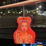 Sexy Beauty Biting a Lollipop Car Fragrance Tablet | Arctic Ice Scented Air Freshener close-up view