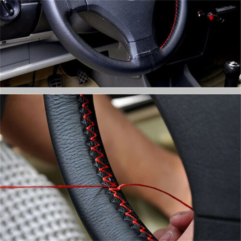 Universal Steering Wheel Cover Made of Leather Braid close-up view