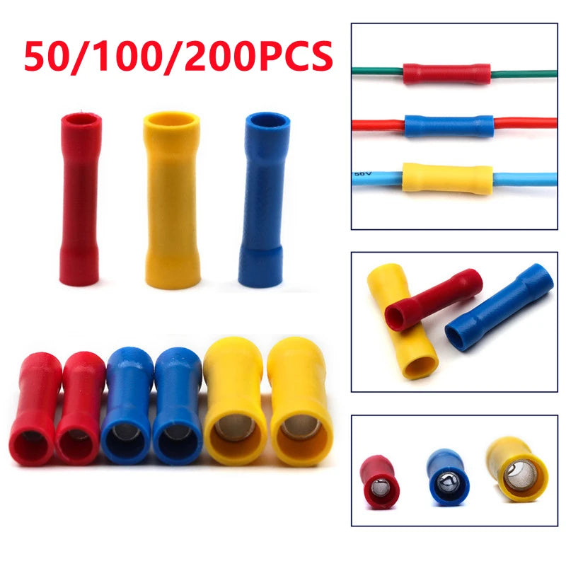 50/100/200pcs BV1.25 BV2.5 BV5.5 Insulated Straight Wire Butt Connector Electrical Copper Tube Cold
