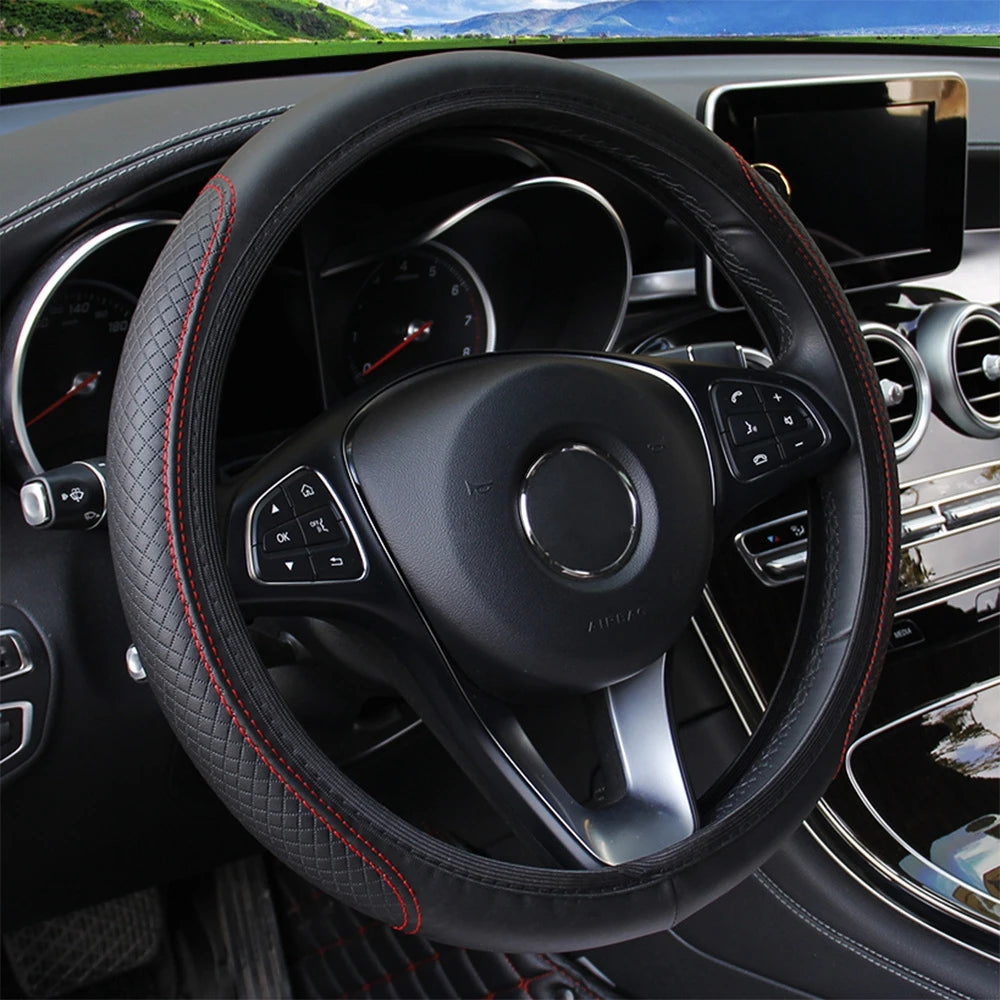 Universal Car Steering Wheel Cover Breathable Anti Slip PU Leather Steering Covers Sui close-up view