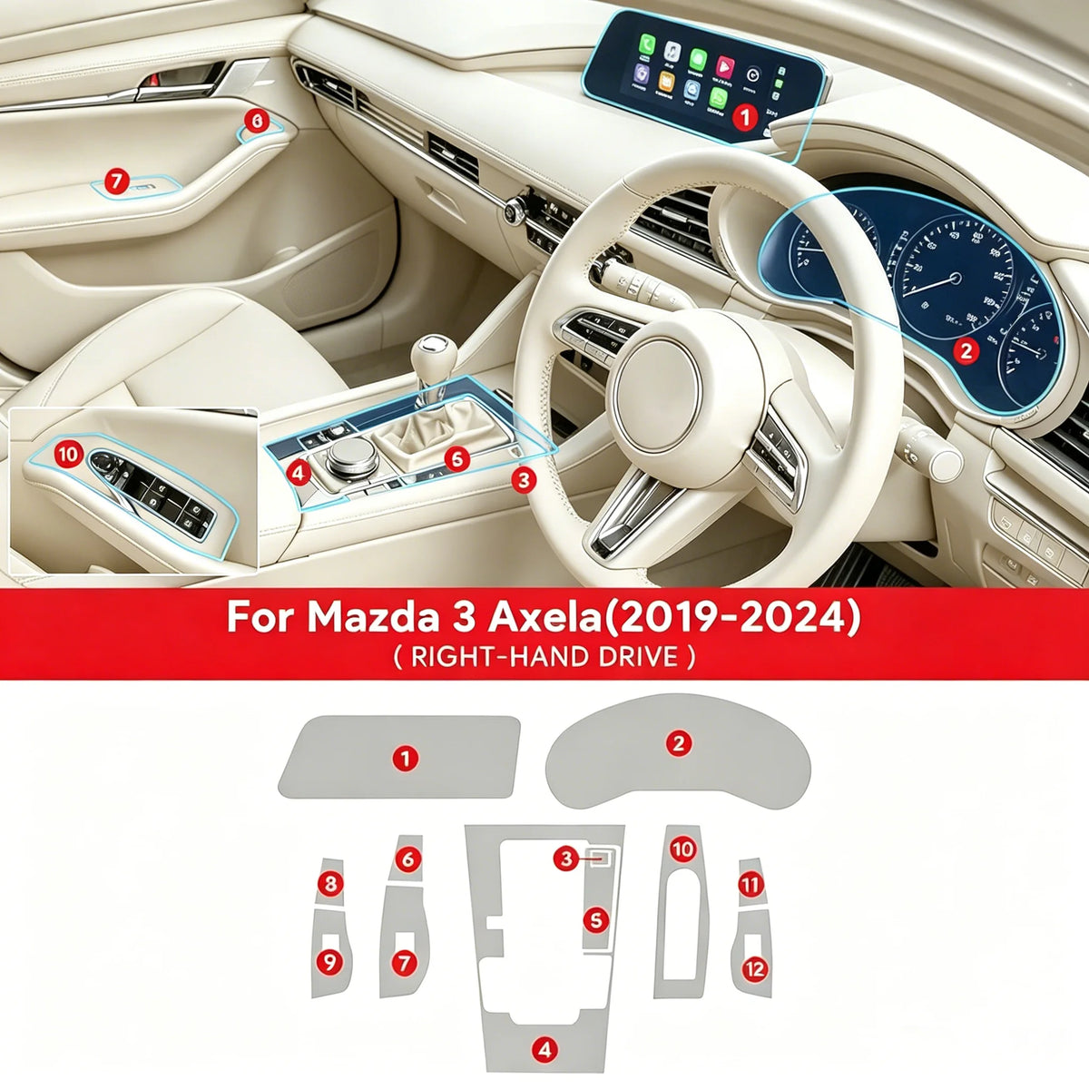For Mazda 3 Axela 2019-2024 Car Interior Film Center Console Navigation Screen Gear TPU Transparent Protective Film