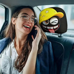 2Pcs Cute Black Coal Ball Car Headrest Covers, Yellow Star Beanie Winking Tongue Out, close-up view