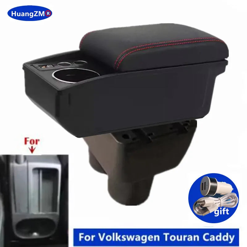For Volkswagen VW Touran Caddy Armrest Box Double-Layer Center Storage Box USB Port Cup Holder Interior Retrofit Car Accessories