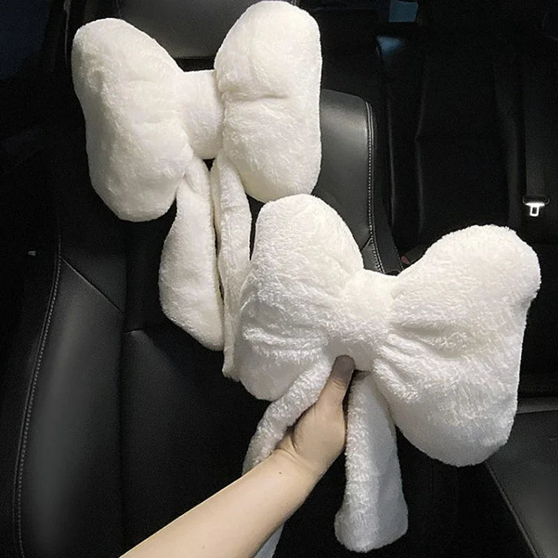 Cute Bowknot Car Headrest Neck Pillow | Plush Lumbar Support Cushion