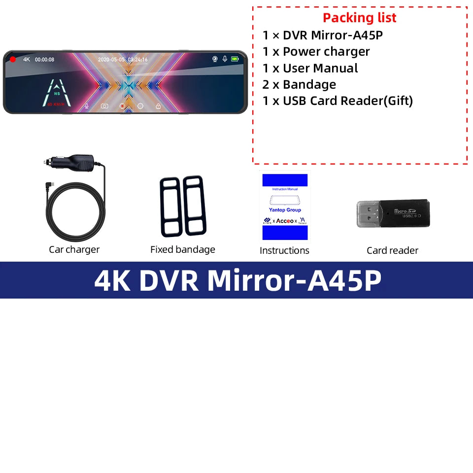 4K Rearview Mirror Dash Cam | 11.28" Touch Screen, Night Vision, GPS, Dual Lens alternate view
