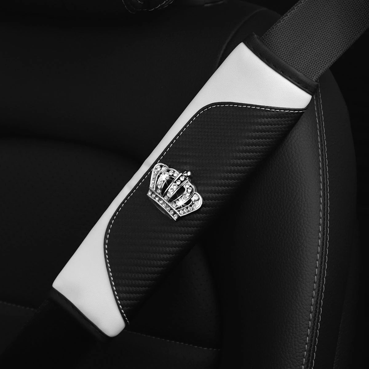 Diamond-Encrusted PU Carbon Fiber Leather Crown Car Shoulder Guard Safety Belt Decora alternate view