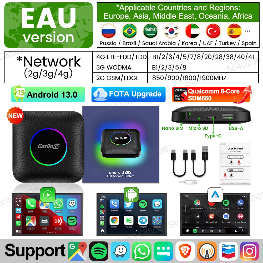 CarlinKit Android 13 SDM660 6225 CarPlay Ai Box LED 8-Cores Wireless Android Auto& Car close-up view