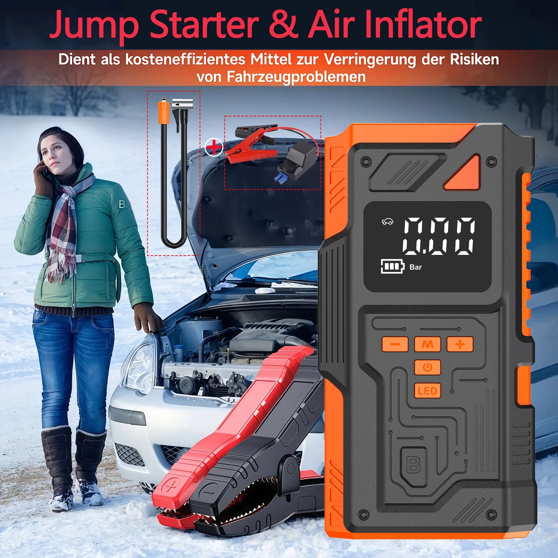 Portable Car Jump Starter with Air Pump 5000A Peak | 10.5 Bar Auto Tyre Inflator and Battery Starter