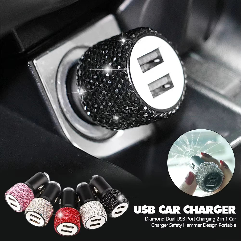 New Bling USB Car Charger 5V 2.1A Dual Port Fast Adapter Pink Car Decor Car Styling Diam detail view