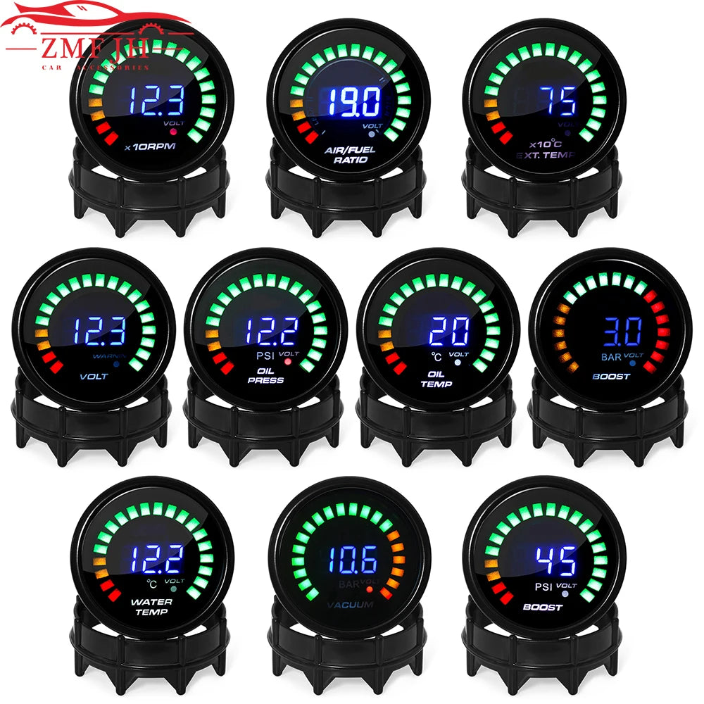 2" 52MM Digital LED Gauge Set | PSI Boost Vacuum Water Temp Oil Temp Oil Press Voltmeter Air/Fuel Ra