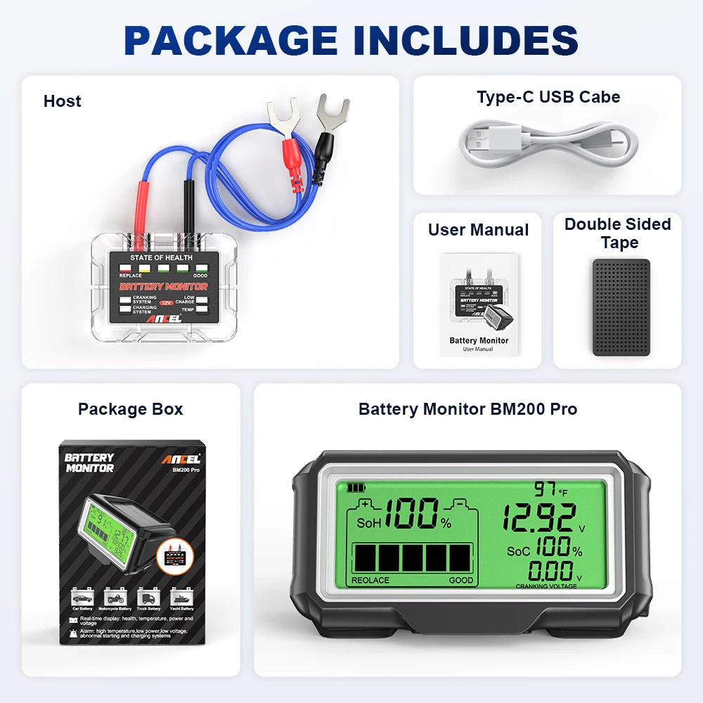 ANCEL BM200 PRO 12V Car Battery Capacity Tester Monitor LED Display Waterproof SOH SOC Battery Health Analyzer Auto Tester Tools