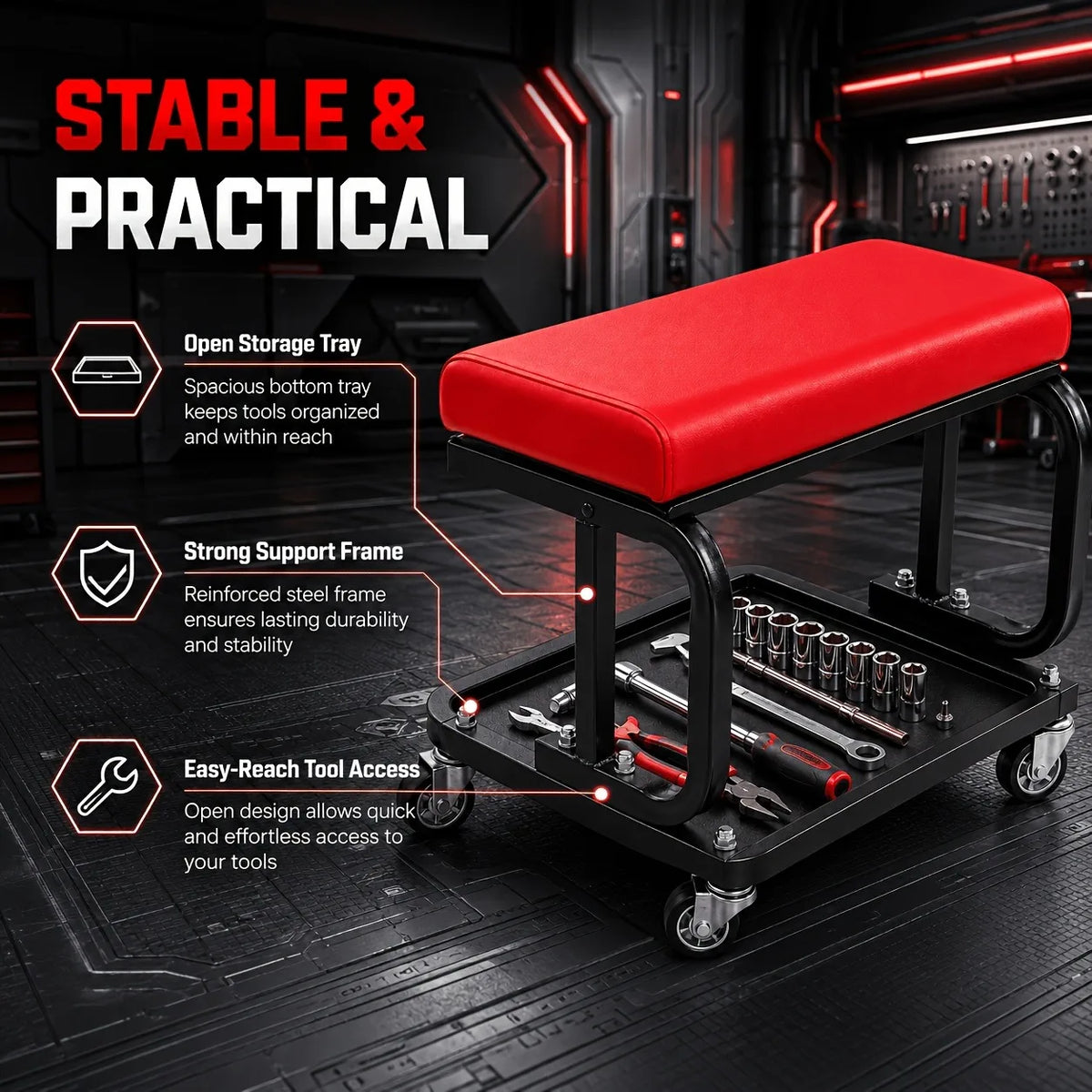 3-In-1 Auto Repair Bench with Roller Moving Tool Tray Foldable Adjustable Rolling Garage Seat 300 Lbs Capacity Lying Sitting Leaning with 6 Wheel Rollers