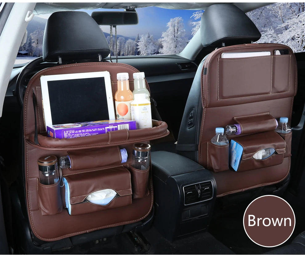 PU Leather Car Seat Back Organizer with Foldable Table