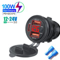 Three Ports Car Charger PD Dual QC3.0 USB Charger Socket with With Digital Voltmeter Button Switch 12V/24V for Motorcycle Car