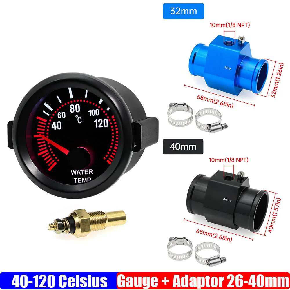 2" 52mm Water Temperature Gauge 40-120°C | 12V Car Water Temp Meter with Sensor and Hose Adapter