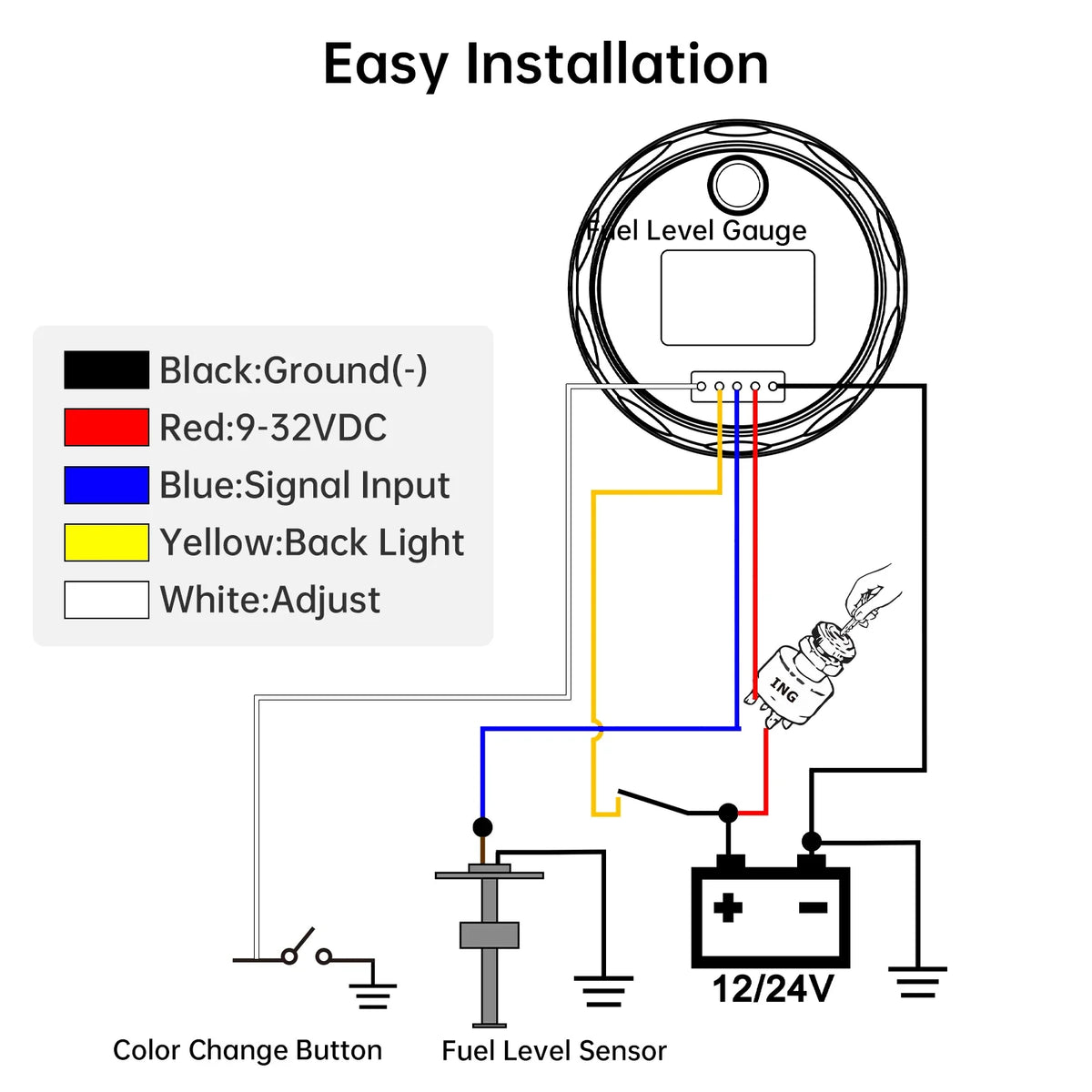 100mm-500mm Car Water Level Gauge Sensor with 7-Color Digital Pointer Indicator | 0 additional angle