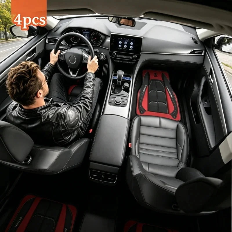2D Flat 4-Piece Red Y-Shaped Car Carpet Set, Durable Polyester, Universal Fit for Sedans detail view
