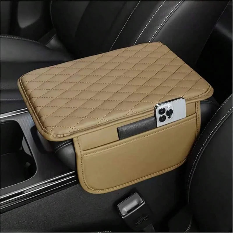 1pc Leather Car Center Console Armrest Cover Pad With 2 Storage Pockets, Universal Automotive Armrest Box Cushion