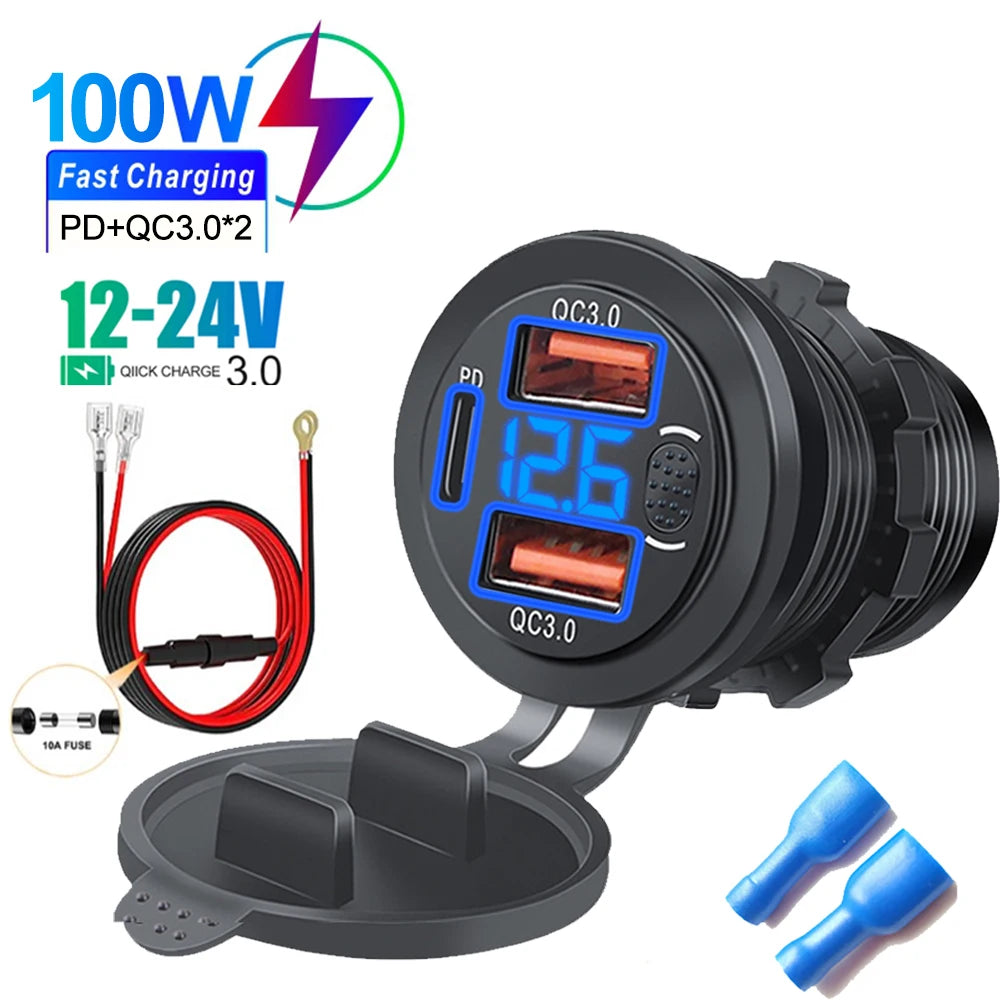 Three Ports Car Charger PD Dual QC3.0 USB Charger Socket with With Digital Voltmeter Button Switch 12V/24V for Motorcycle Car