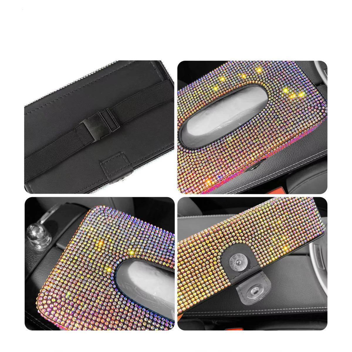 Rhinestone Genuine Leather Car Tissue Box Holder