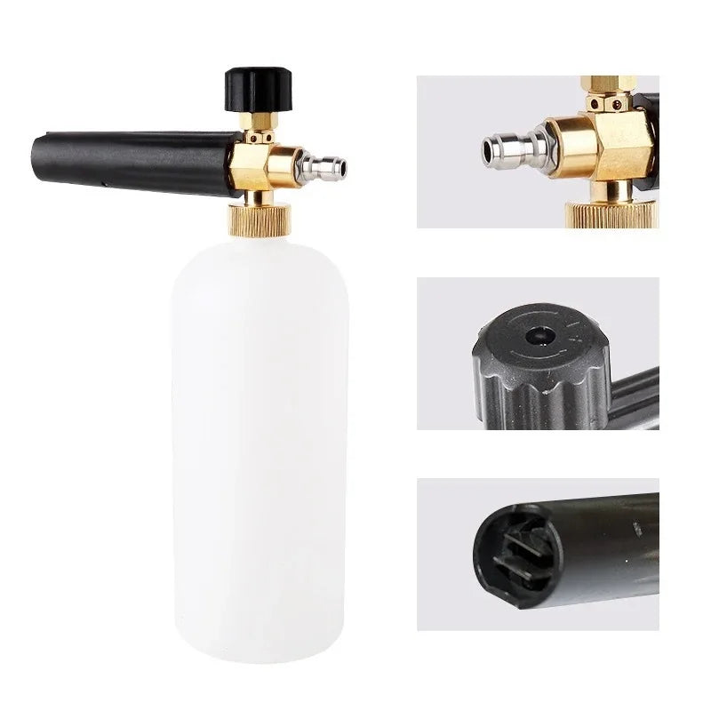 Pressure Washer Short Gun Foam Cannon Combo | 5 Nozzle Alloy Sprayer with 1L Tank close-up view