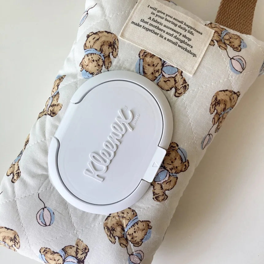 Korean Quilted Tissue Pouch Bear Car Organizer Balloon Wipes Case Ins Style Hanging Di close-up view