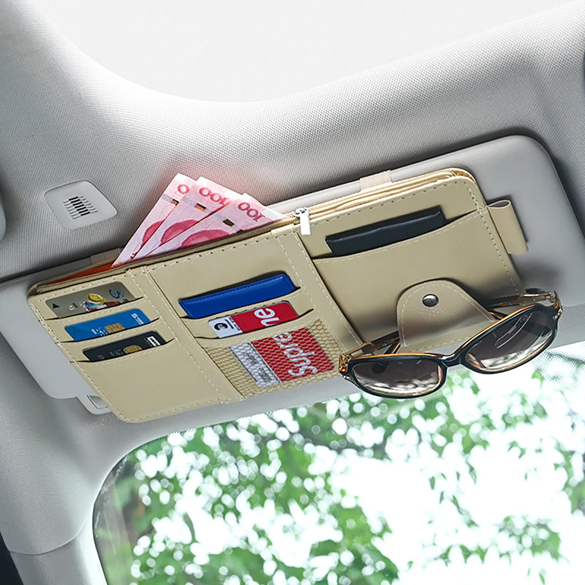 JFBONIN Car Sun Visor Organizer Storage Box with Sunglasses Clip Business Card Holder close-up view