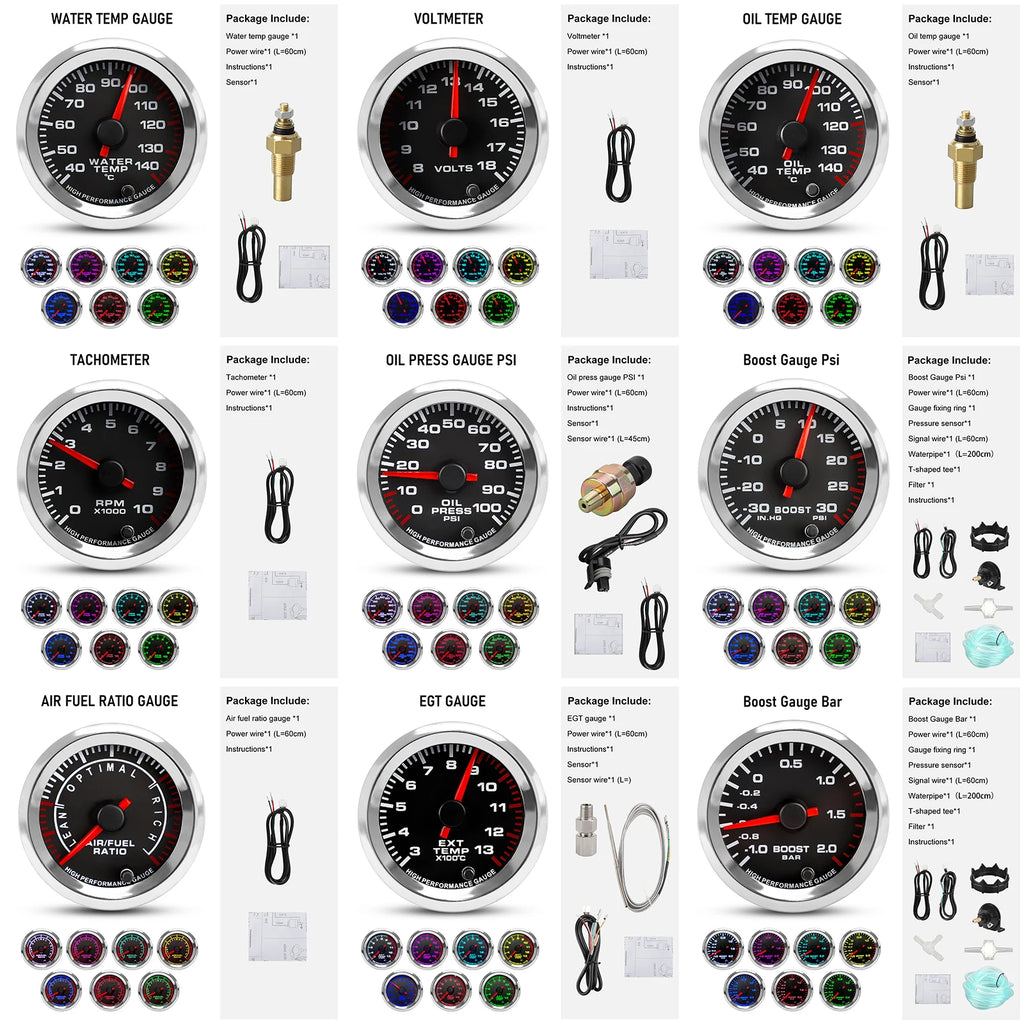 2'' 52mm 12V 7 Colors Car Boost Water Temperature Oil Temperature Oil Press Air fuel ratio Voltmeter EGT Tachometer RPM Gauge