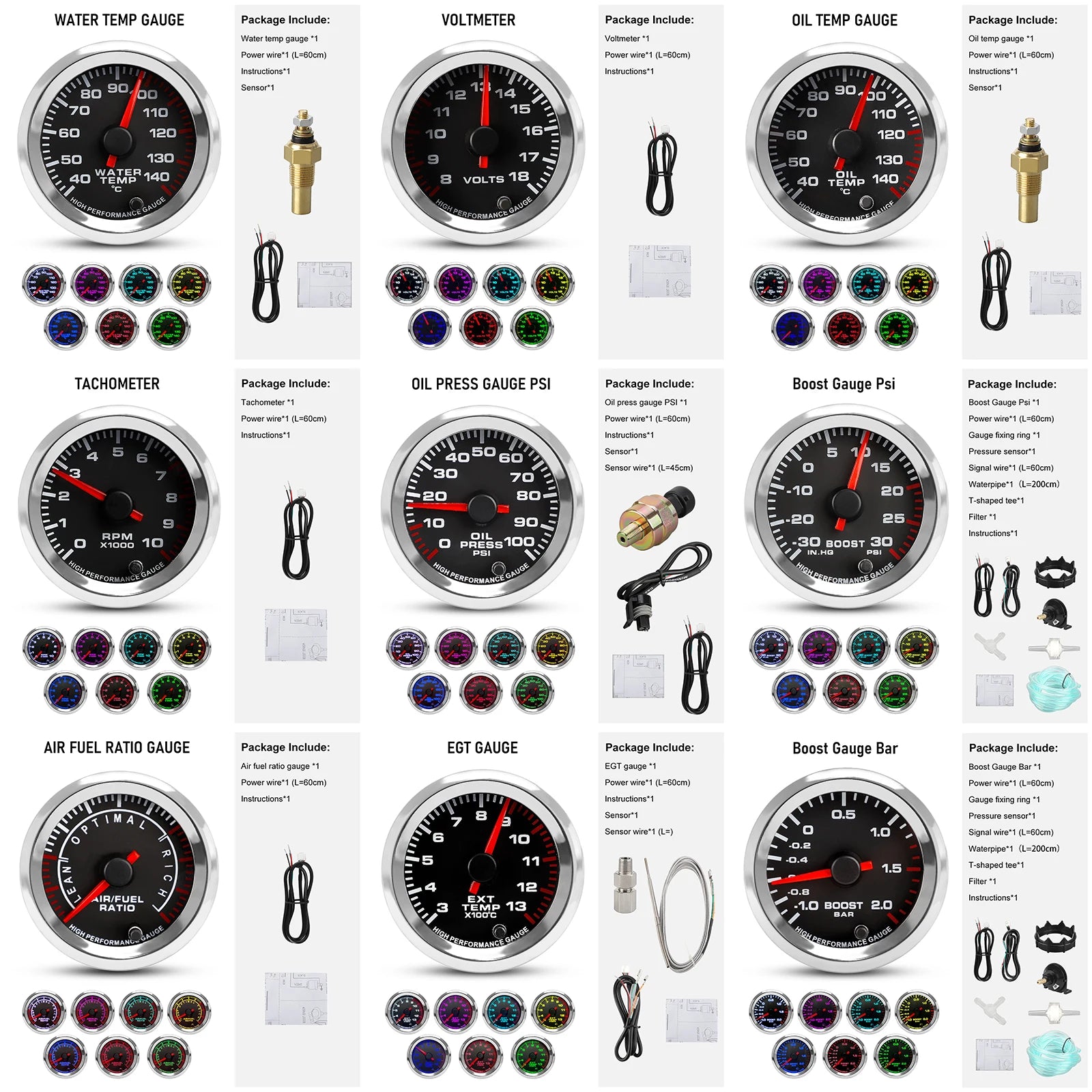 52mm 12V 7 Color Car Gauge Set | Multi-Function Auto Meter