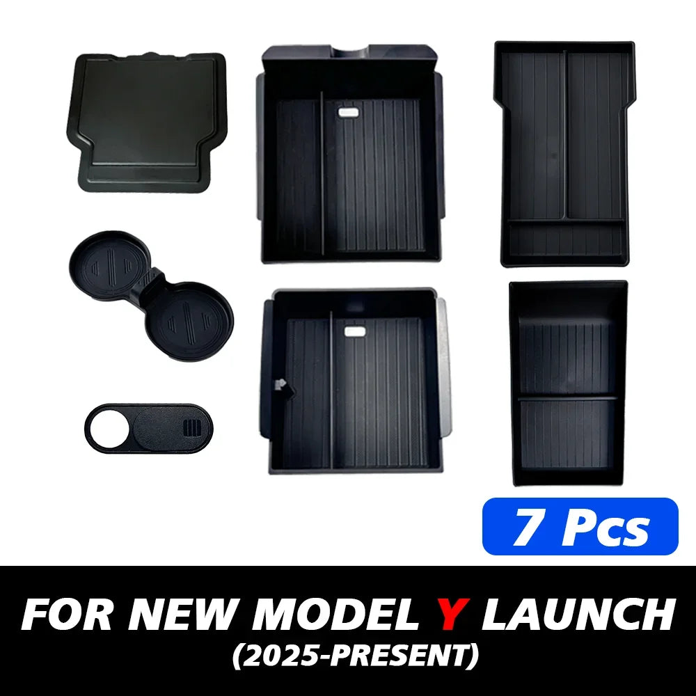 For Tesla New Model Y 2025 Launch Juniper ABS with Silicone Non-slip Mat Console & Armrest Storage Box Upper and Lower Watercup
