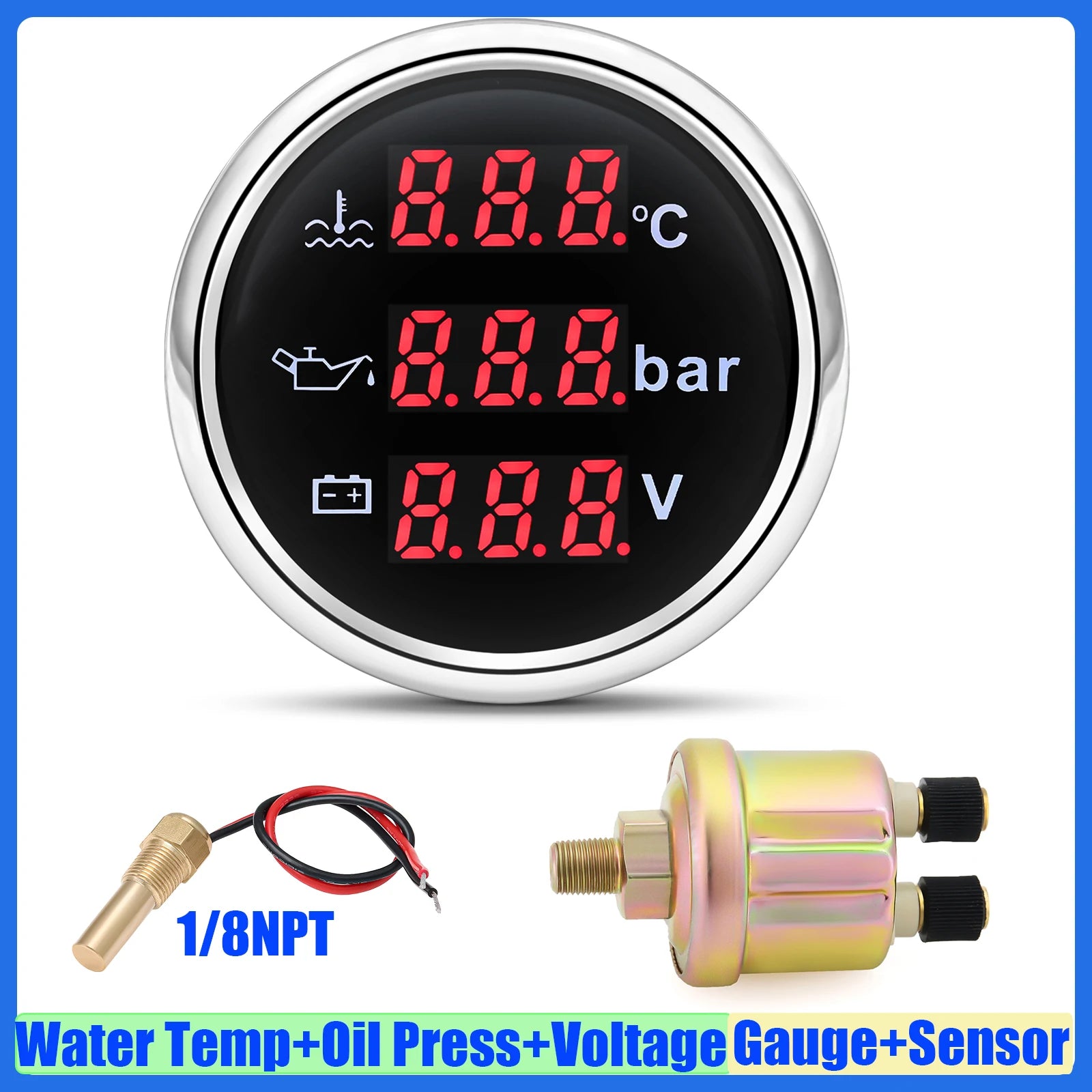 3 In 1 Digital Gauge Water Temperature Bar Oil Pressure Gauge With Alarm Voltmeter | alternate view