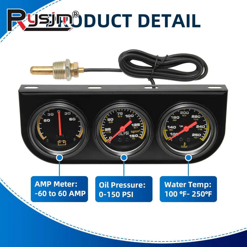 2" 52mm 3 In 1 Auto Gauge Kit | Triple AMP Meter, Oil Pressure & Water Temp