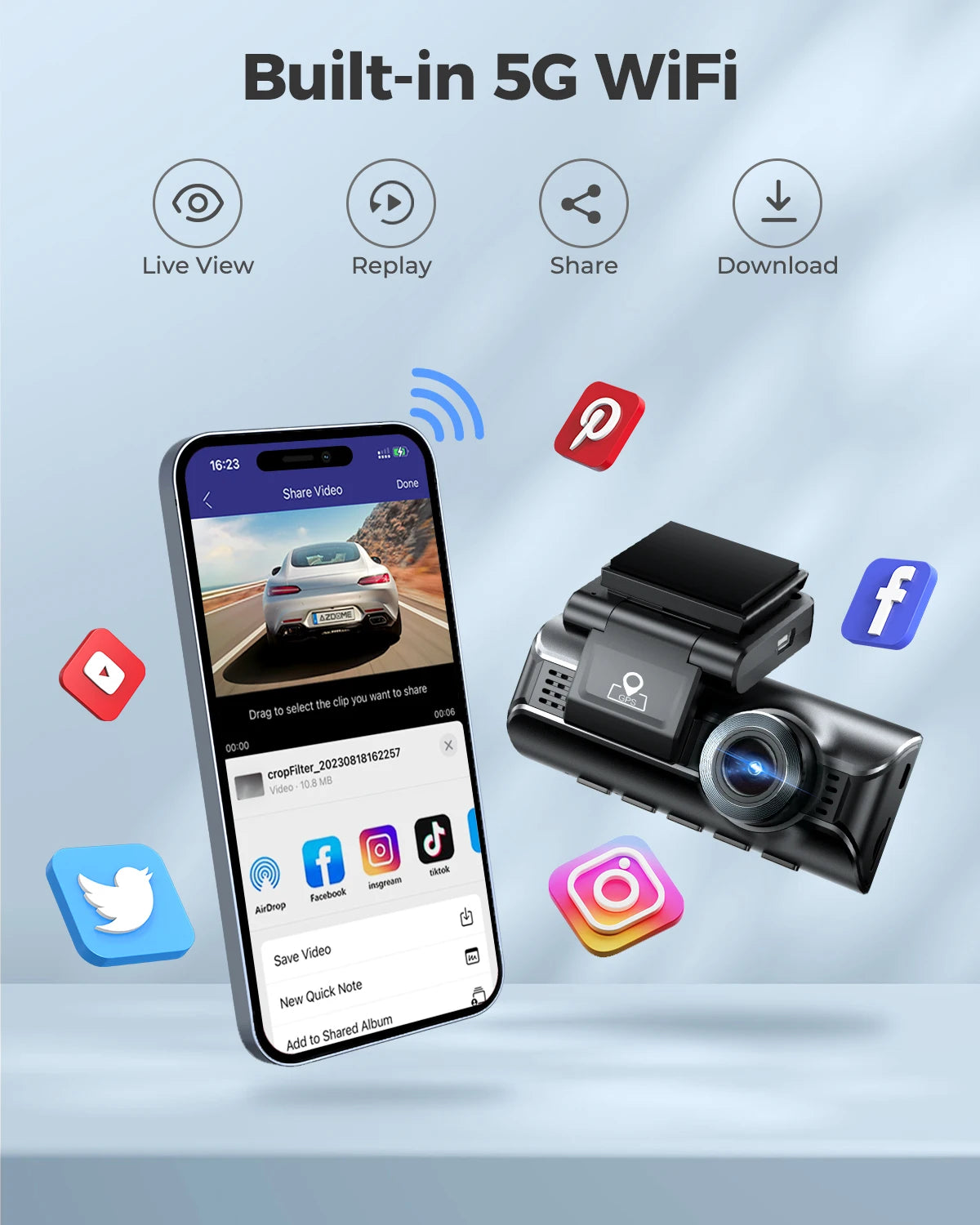 AZDOME 4K Dash Cam M550 Pro Built-in 5.8Ghz WiFi GPS Car DVR Upgrade AZDOME M550 Night Vision Parking Monitor Support Rear Cam