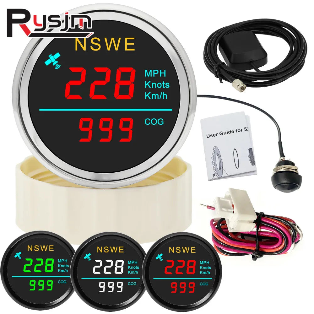 Universal 52mm LCD Digital GPS Speedometer with Antenna | MPH Knot Km/h COG Gauge for Car Boat Motor