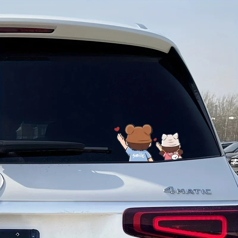 Cartoon cute family heart-shaped parent-child car decal, personalized creative rear wi close-up view